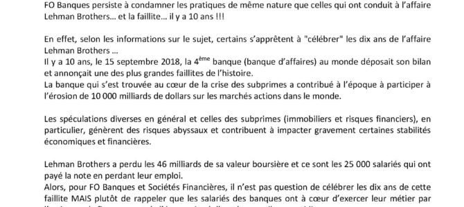 « Lehman Brothers, 10 ans plus tard : pas de quoi être fiers !!! » « Lehman Brothers, 10 ans plus tard : pas de quoi être fiers !!! »
