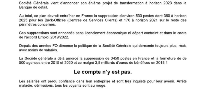 530 postes supprimés à la SOCIETE GENERALE